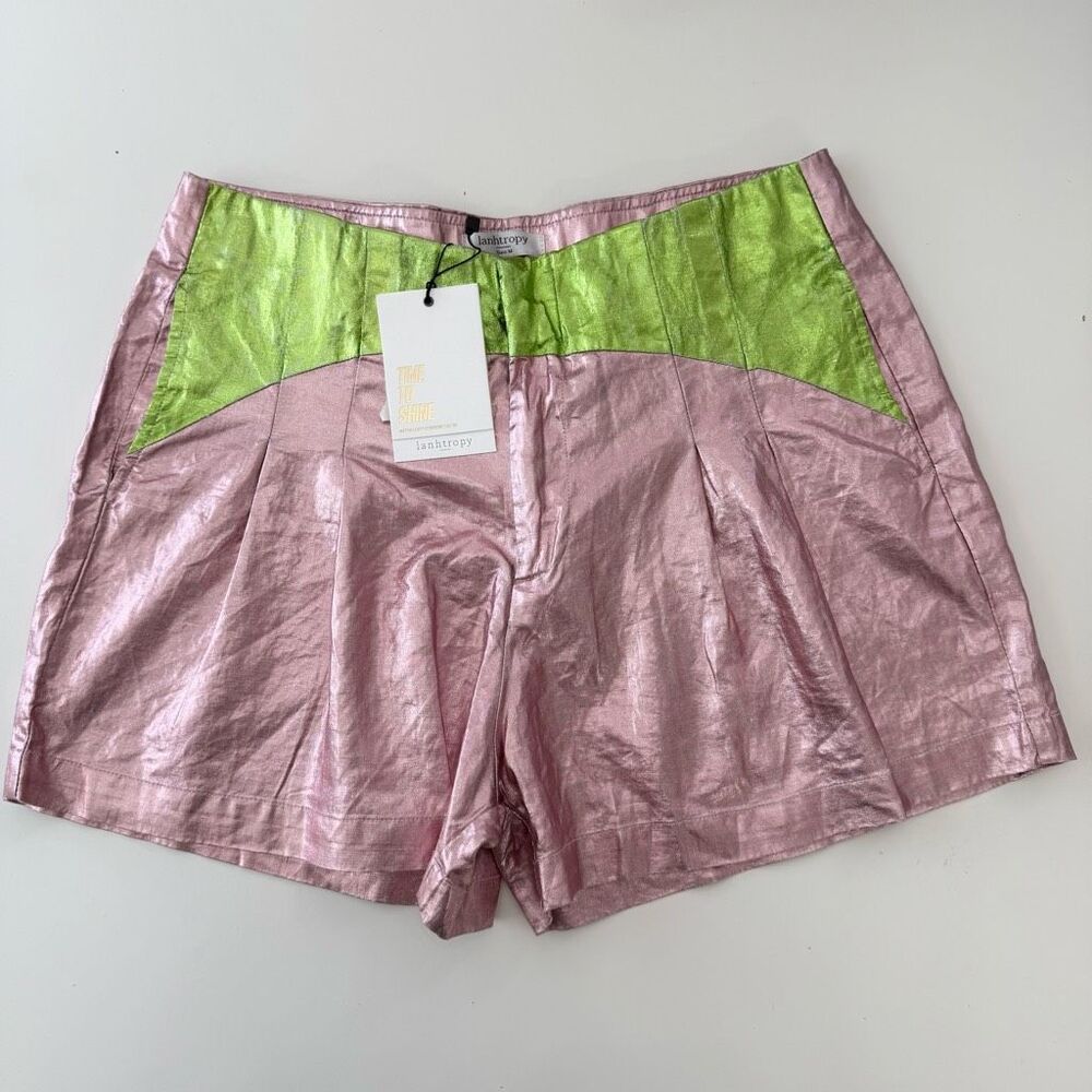 Lafayette 148 Metallic Pink High-Waist Shorts with Lime Panel